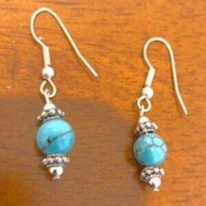 Faux Turquoise Beaded Silver Tone Petite Drop Earrings.
